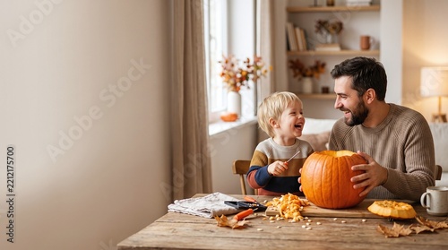 Family Carving Pumpkins Together at Home Wooden Table Natural Lighting with Copy Space