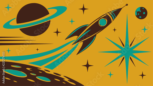 Retro space age poster vector illustration. Featuring 1960s rocket, ringed planet, cratered moon, and starburst in turquoise and deep brown on mustard background. Vintage vector wallpaper.