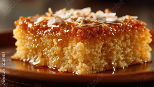 Moist Coconut Cake Square Topped with Toasted Coconut and Syrup