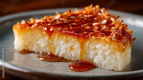 Moist Coconut Cake Square Topped with Toasted Coconut and Syrup
