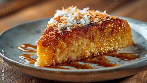 Freshly Baked Coconut Cake with Golden Crust and Coconut Flakes