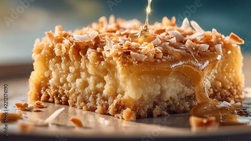 Golden Coconut Cake with Shredded Coconut and Sweet Glaze
