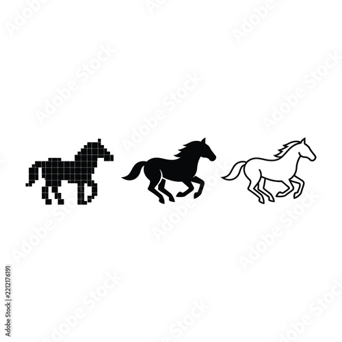 Collection of horse silhouettes in different styles running on white background