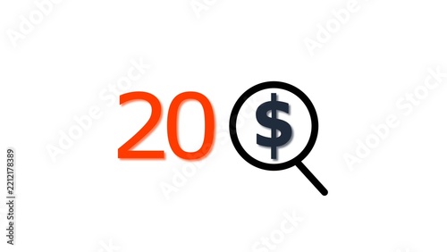 20 dollar price tag with glass illustration. for e-commerce and financial marketing search discount