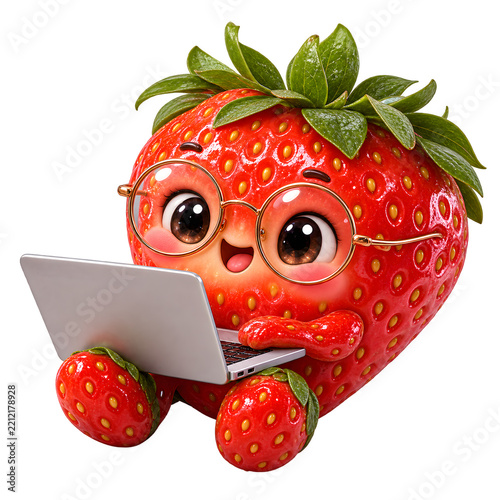 Strawberry Character with Glasses Using Laptop Isolated on Transparent Background.