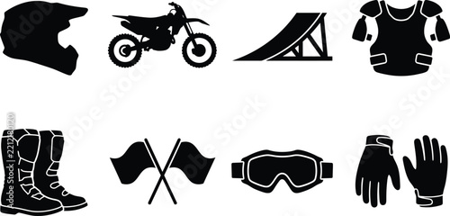 Motocross and Extreme Sports Equipment Silhouette Icon Set with Protective Gear