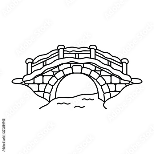 Black and white sketch of a traditional stone arch bridge over water line art