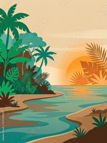 Tropical Jungle Sunset Illustration with Palm Trees and River Landscape for Commercial Background Use