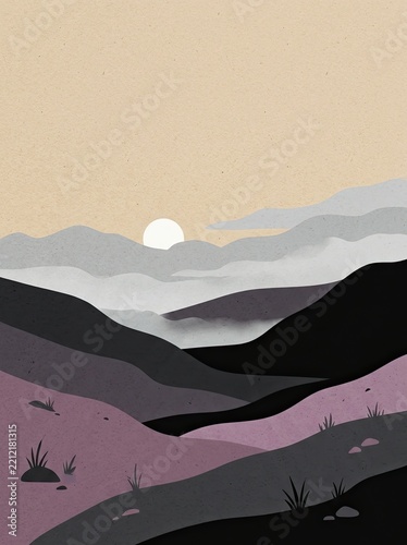 Minimalist Abstract Mountain Landscape Illustration with Sun and Clouds in Muted Purple and Grey Tones