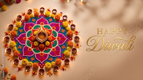 Luxury Happy Diwali Celebration Design with Authentic Floral Rangoli Mandala, Golden Lettering and Warm Champagne Beige Background