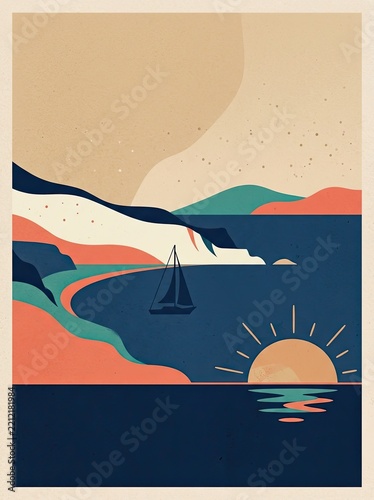 Minimalist Abstract Coastal Landscape with Sailboat at Sunset Retro Style Illustration