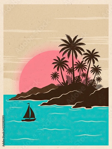 Retro Tropical Island Sunset Illustration with Palm Trees and Sailboat on Turquoise Water Vintage Poster Style