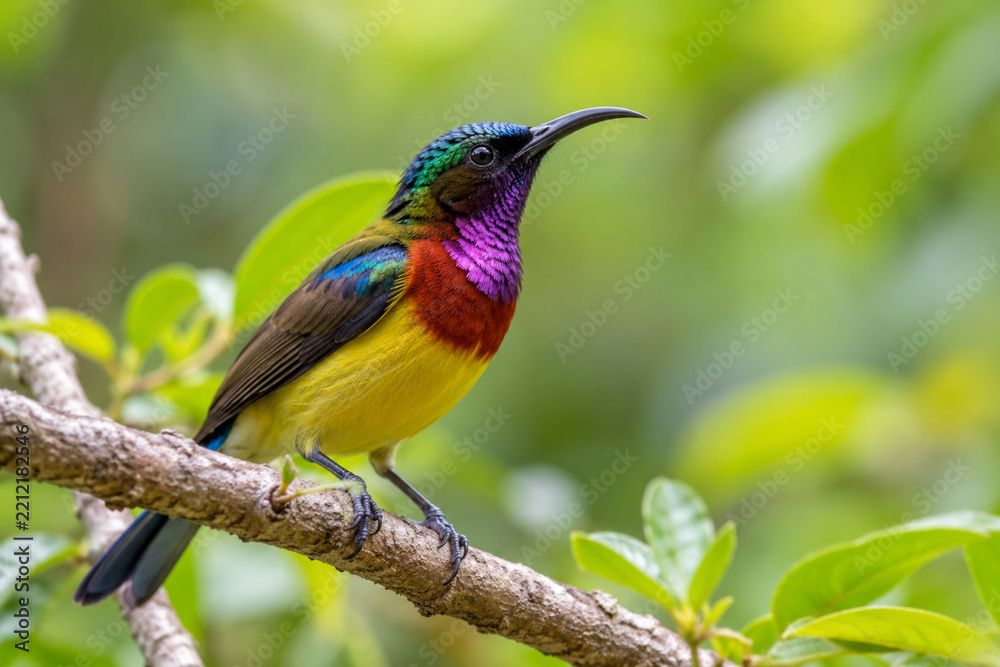 Fototapeta premium Colorful Hummingbird Perched on a Tree Branch with Blurred Nature Background