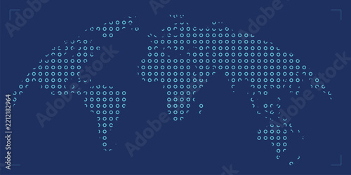 World map illustration made of blue ring dots on a dark blue