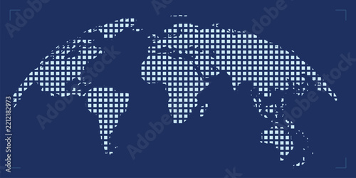 World map illustration made of white pixel blocks on a dark blue