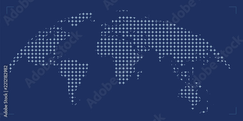 World map illustration composed of white plus signs on a dark blue