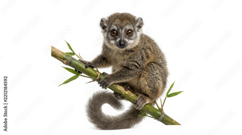 Fototapeta premium Small mouse lemur with long tail perched on bamboo branch isolated on white background gray fur primate animal wildlife photography cute primate madagascar lemur nature wildlife small mammal