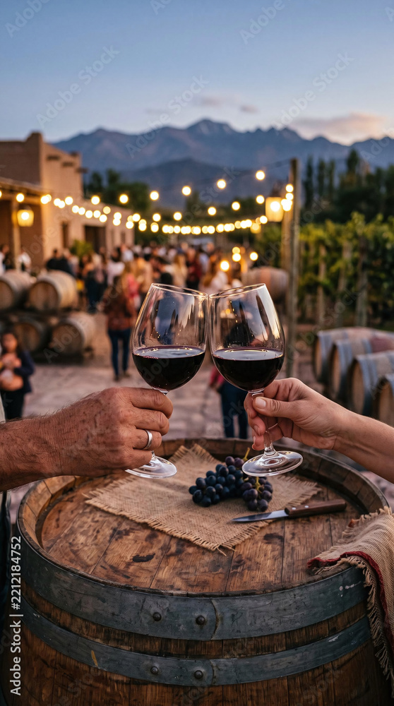 Fototapeta premium Toasting red wine glasses over a wooden barrel during Mendoza Vendimia festival