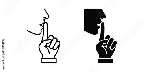 Silence Gesture Icon Set With Finger On Lips In Outline And Solid Style