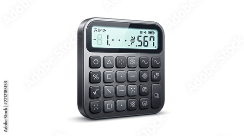 A sleek dark metallic calculator icon with abstract symbol buttons isolated on white background surface with electronic calculator digital digital unique geometric