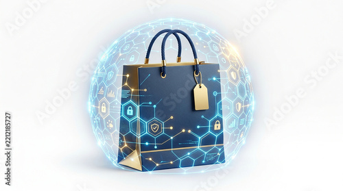 A dark blue shopping bag protected by a glowing digital security shield on white background with luminous sphere interconnected isolated inside luminous