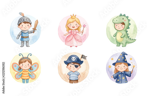 Watercolor Cute Children in Costumes Icon Set, Kids Dress Up Fantasy Characters Vector Illustration
