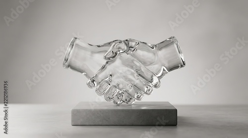 A transparent glass handshake sculpture on marble for national honesty day, symbolizing trust and agreement.