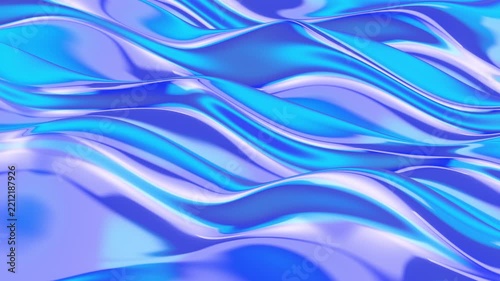 Abstract liquid waves motion background with iridescent cyan and silver metallic glossy texture for digital design and technology presentation