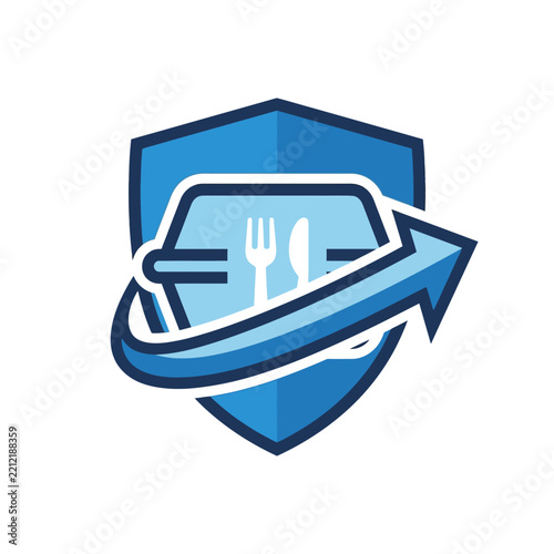 Shield illustration featuring fork and knife for food safety icon.