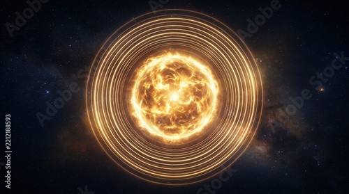 Glowing celestial sun with concentric golden orbital rings in space background golden orbits celestial body glowing light sci fi outer space astronomy universe astrophysics concentric