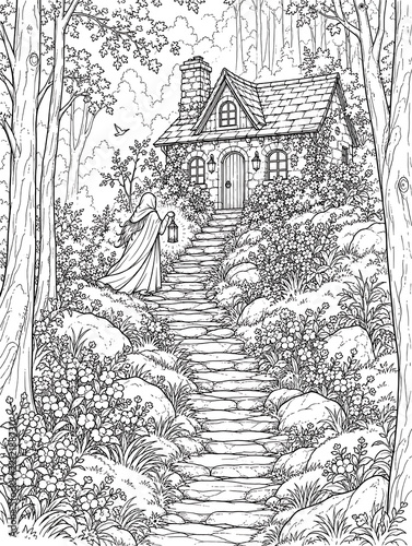 Enchanted Forest Cottage Path Coloring Page Line Art