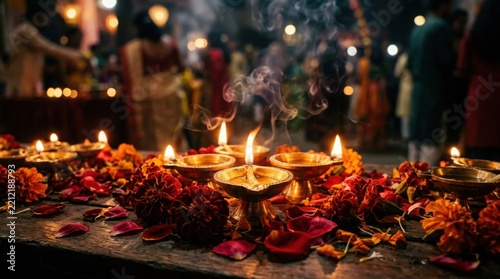 Traditional diya lamps with flowers during celebration oil lamps diwali festival lights religious ceremony hindu culture floral decoration cultural event flower petals candle light