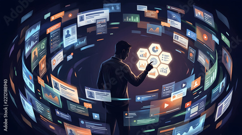 A businessman interacting with a futuristic circular digital interface of data analytics and information.