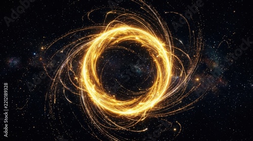 Abstract golden energy ring vortex swirling in dark space with swirling light glowing portal light trails cosmic energy abstract motion dynamic circle brilliant light golden aura space nebula
