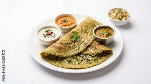 Crispy moong dal dosa served on a white plate with side bowls of chutney and sambar indian food savory pancake vegetarian food south indian lentil pancake green dosa traditional dish breakfast
