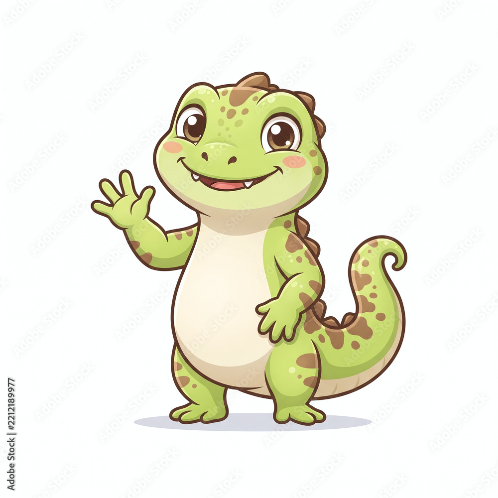 Obraz premium Lizard Character Waving Cheerfully with a Friendly Smile. Cartoon Reptile Mascot Design for Children's Illustration or Branding.