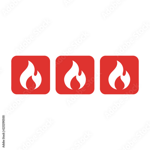Three Red Square Icons with White Flame Symbols Isolated on a Plain White Background