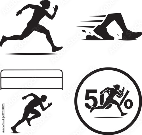 Running man athlete feet motion obstacle hurdle 50 percent discount sale solid icon set illustration
