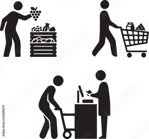Supermarket grocery shopping fresh fruits picking cart checkout cashier payment solid icon set illustration