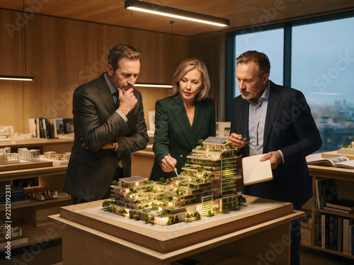 Three professionals reviewing architectural model together