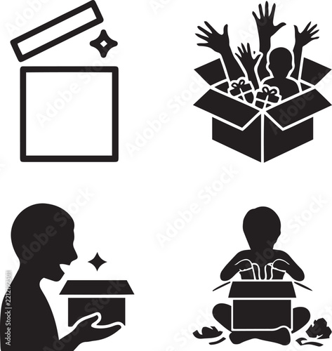 Surprise gift box opening child unboxing parcel excited customer solid icon set illustration