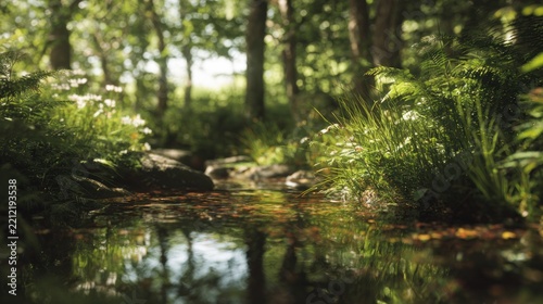 Serene woodland creek reflecting verdant foliage and dappled sunlight