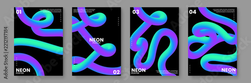Creative poster collection featuring futuristic three dimensional wavy fluid pipes in neon blue and green colors