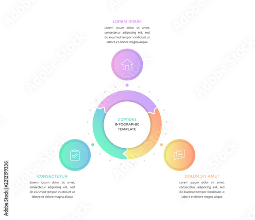 Three options gradient infographic template with a circular arrow diagram and outer circles. 3 options process chart or circular diagram for business presentations. Vector illustration