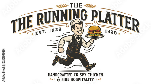 Vintage style restaurant logo featuring a running waiter holding a burger platter.