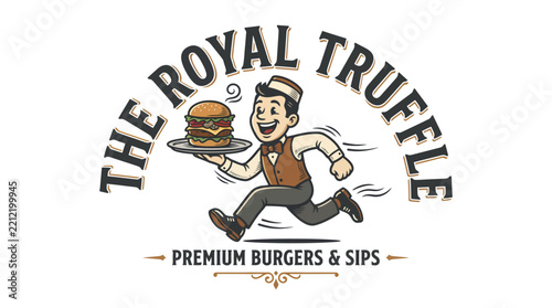 Vintage style restaurant logo featuring a running waiter holding a gourmet burger.