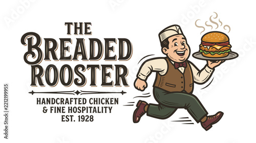 Vintage style restaurant logo featuring a running waiter holding a hot burger.