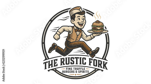Vintage style restaurant logo with a running waiter holding a hot burger.
