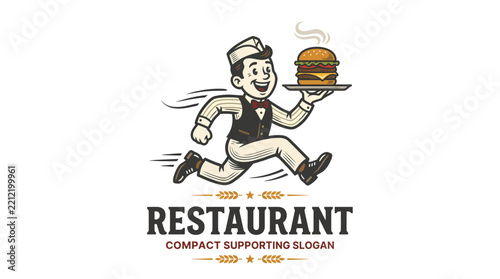 Vintage style restaurant mascot logo design featuring a running waiter holding a hamburger.