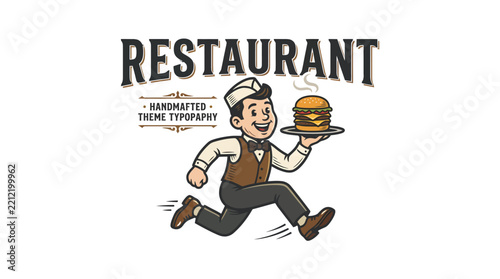 Vintage style restaurant mascot logo design with a running waiter carrying a hamburger.